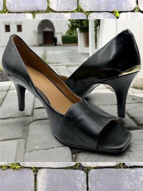 Calvin Klein Nareen Square Peep Open Toe Gold Accent Classic Leather Heels Black